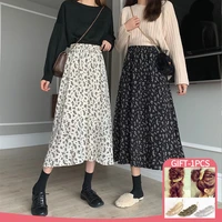 vintage floral print a line pleated long skirts summer women 2022 korean skirt streetwear drawstring elastic waist midi skirt