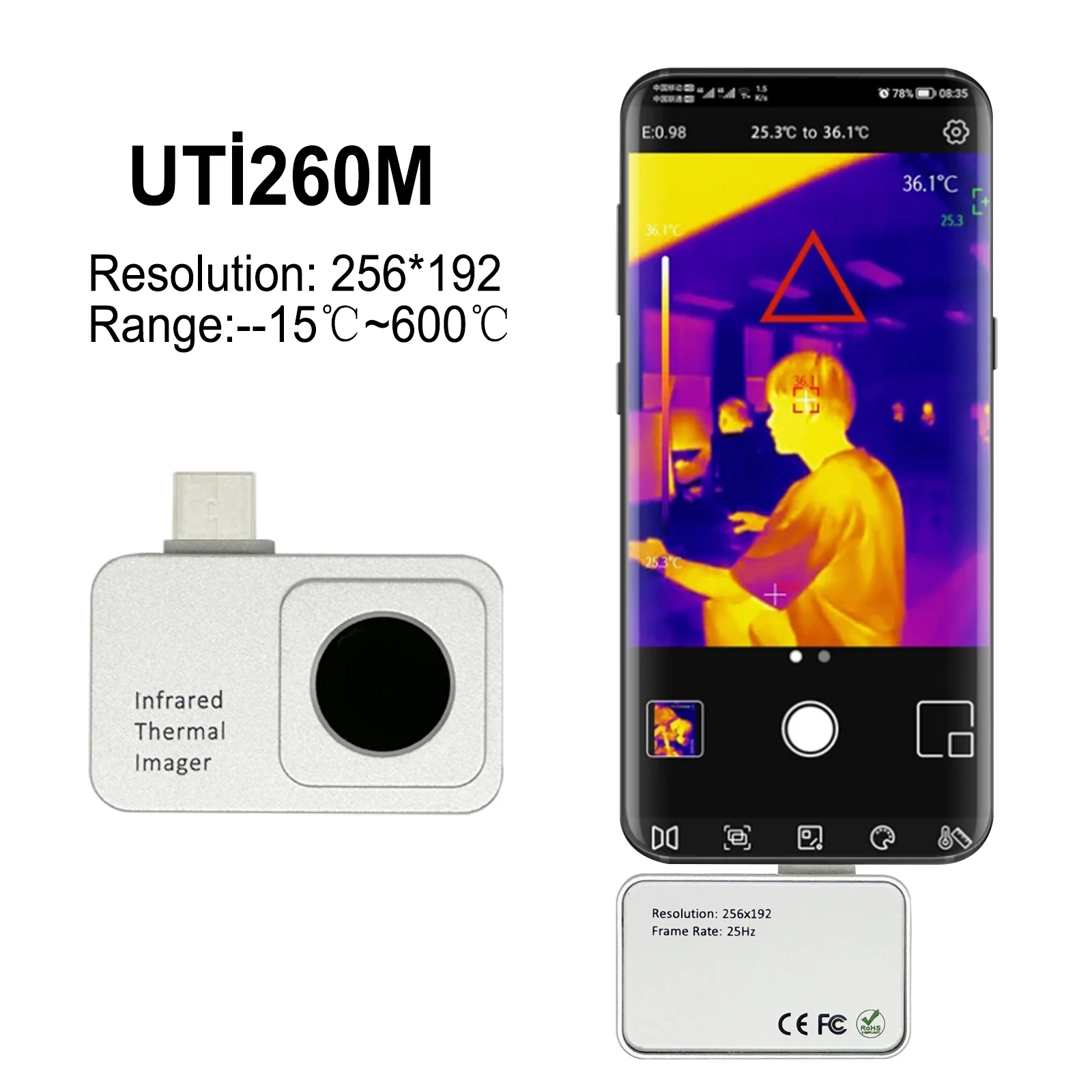 

Infrared Thermal Imager Camera Plug-in Portable High Temperature Alarm 256x192 IR Resolution Mobile Phone Thermal Imager