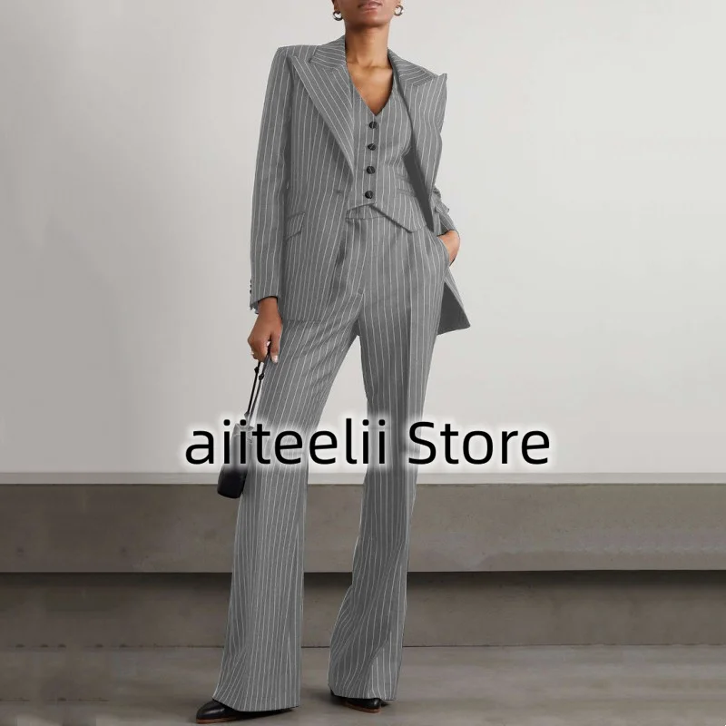 Women's Three-piece Suit Fashion Striped Slim Fit Lapel (Jacket + Vest + Trousers) Collar Single-breasted Suit for Business
