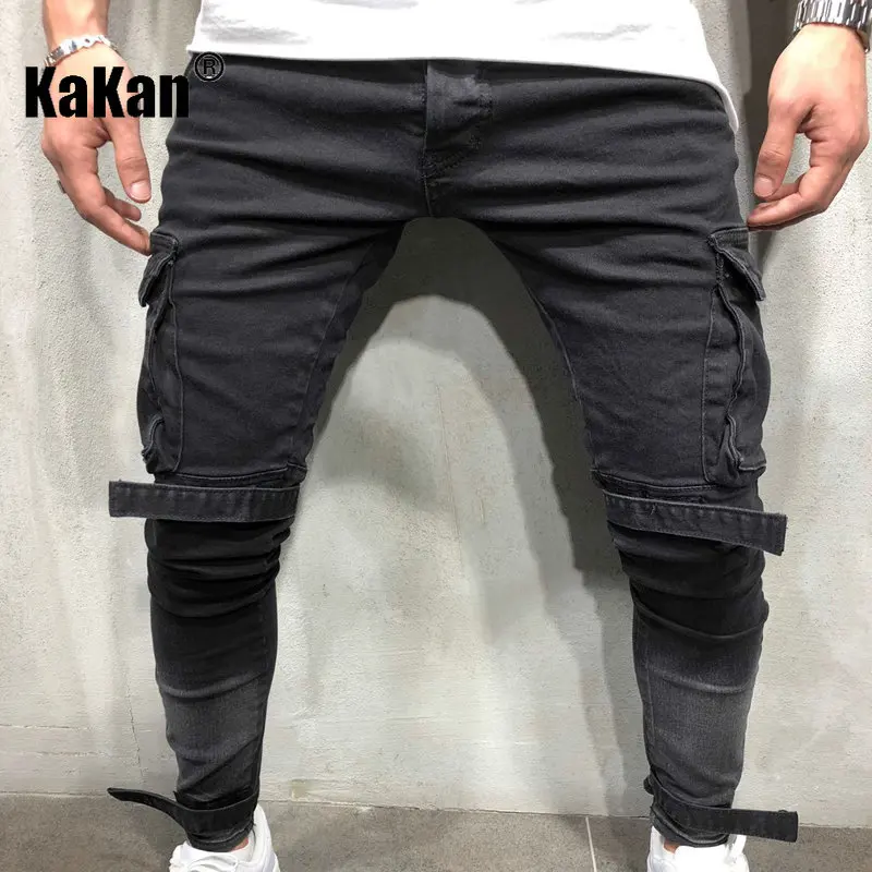 Kakan - New European and American Large Pocket Casual Strap Small Foot Jeans for Men, Black Slim Fit Long Jeans K49-105