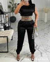 2022 new two pieces set for women women black tank top pants suit gold strap decoration casual elegant clothing set fashion