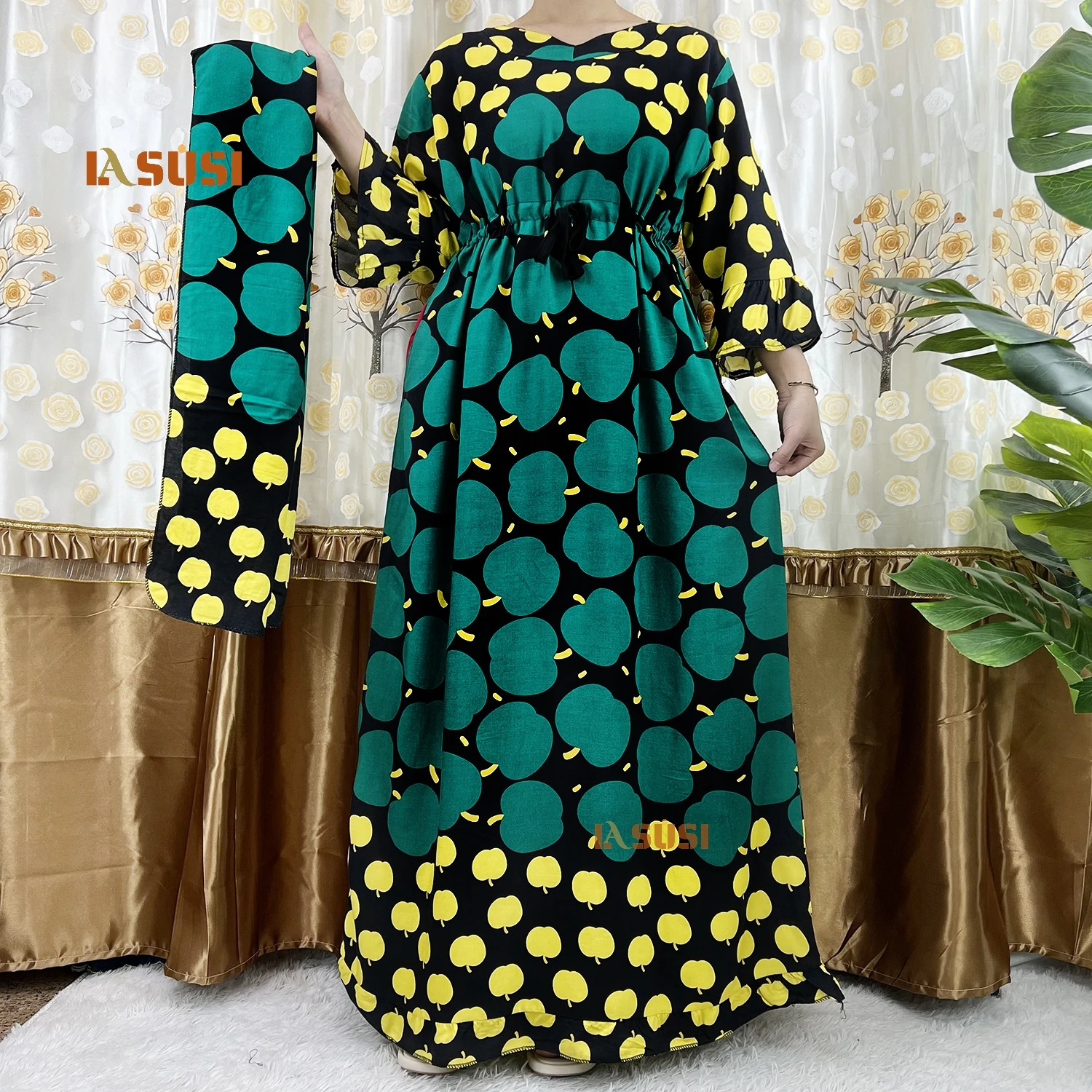 

2022 New Style Women Boho Abaya Dress Sexy O Neck Flower Sleeve Casual Patchwork Sliem Waist Print Long Maxi Dress Party Dresses
