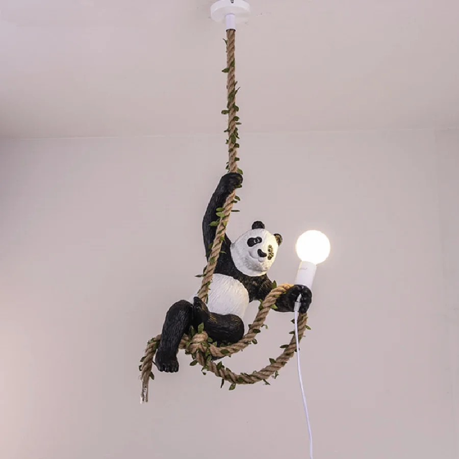 

Винтажная полимерная подвеска панды для внутреннего освещения, освещение в стиле лофт, Подвесная лампа из пеньковой веревки, домашний деко...