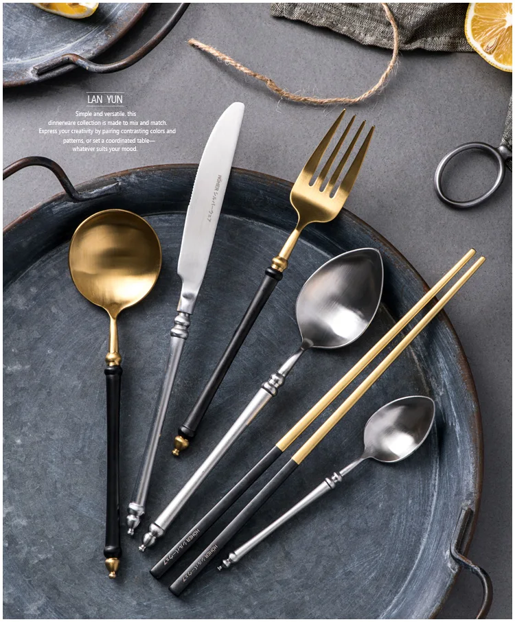 

Stainless Steel Cutlery Set Black Fork Reusable Vintage Spoon Knife Cutlery Set Dinner Table Bestekset Kitchen Tableware 50