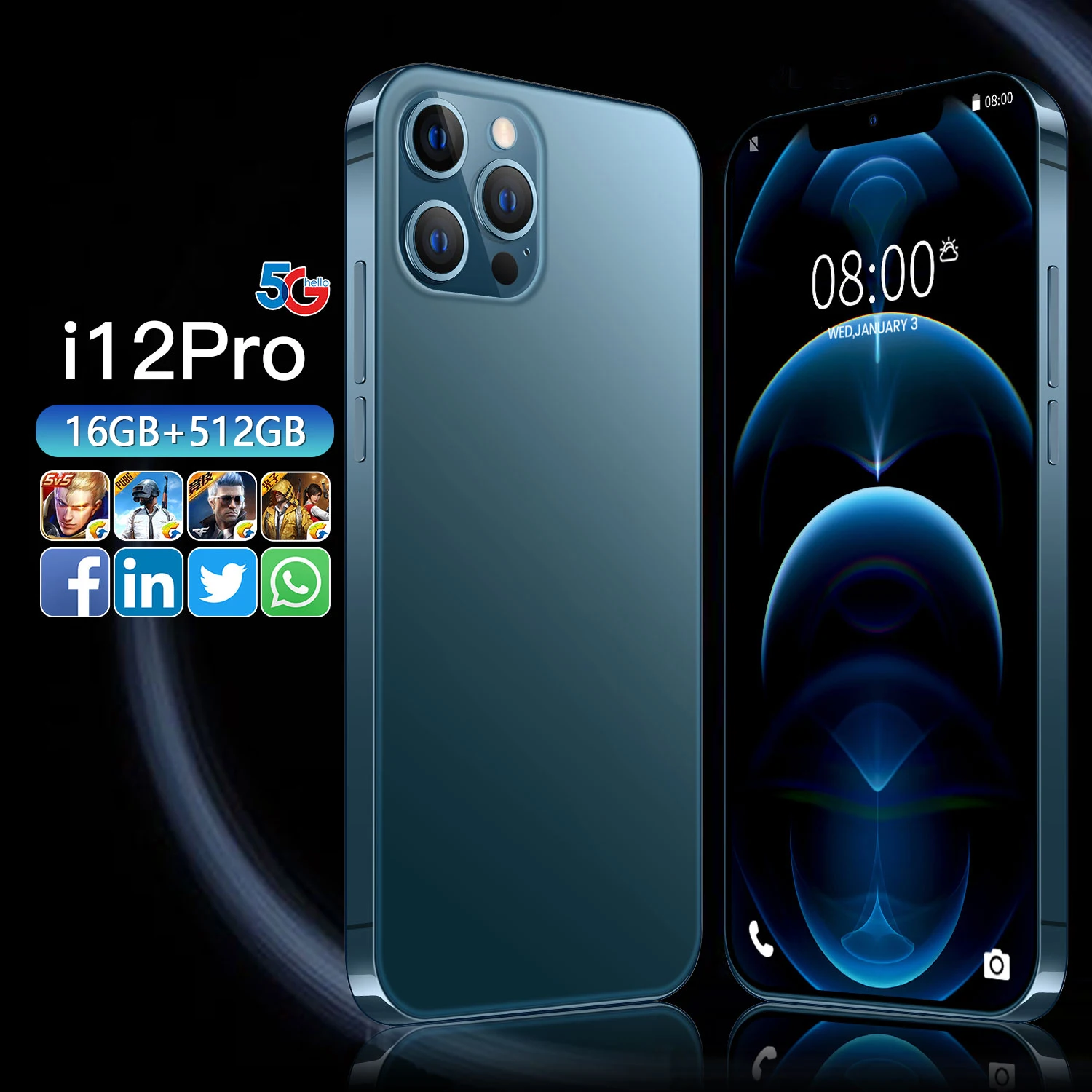 

I12 Pro 6.7inch Smartphones Global Version 6800mAh 16G+512G Android Phone Celular Case Touch Screen Face ID 5G Network Phone