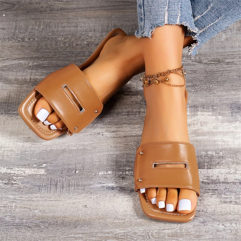 Retro Casual Rivet Soft Leather Open Toe Slippers Summer Wear Flat Bottom Comfortable Joker Simple Women's Shoes Plus Size