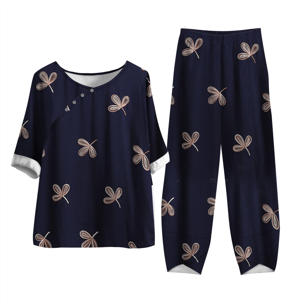 

Винтажная дышащая рубашка на пуговицах для бабушки с цветным цветочным принтом брюки с коротким рукавом впитывающий Пот комплект из двух предметов