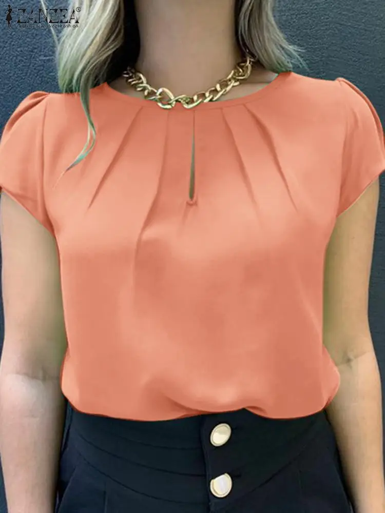 

ZANZEA Summer Blouse Short Sleeve Work Blusas Women Fashion Solid Basic Shirt Causal Pleated Desgin Tops Mujer Femme Office Top