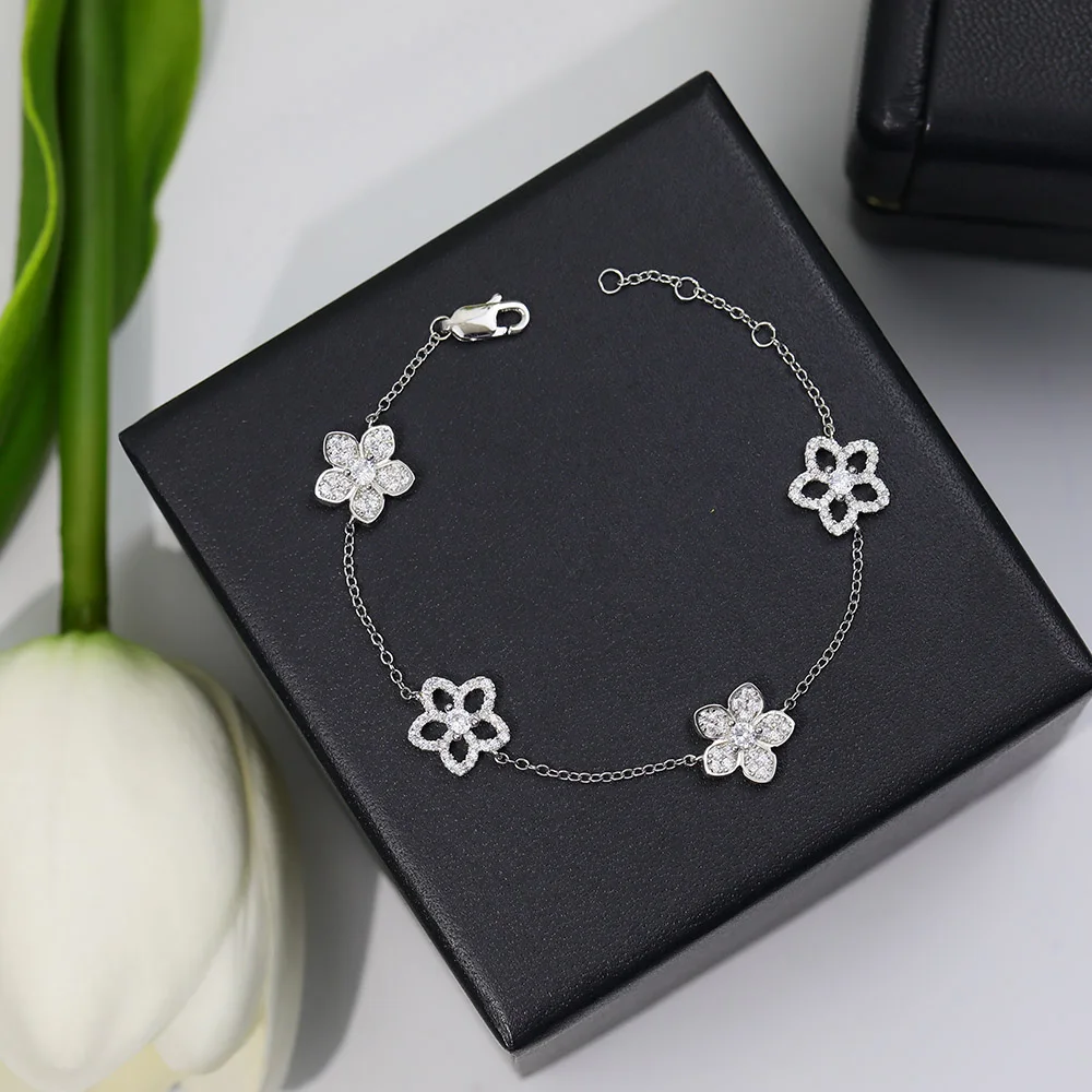 

Fine Lady Sweet Romantic Flower Bracelet Plum Blossom Women's Accessories Wedding Zircon Party S925 Sterling Silver Anti Allergy