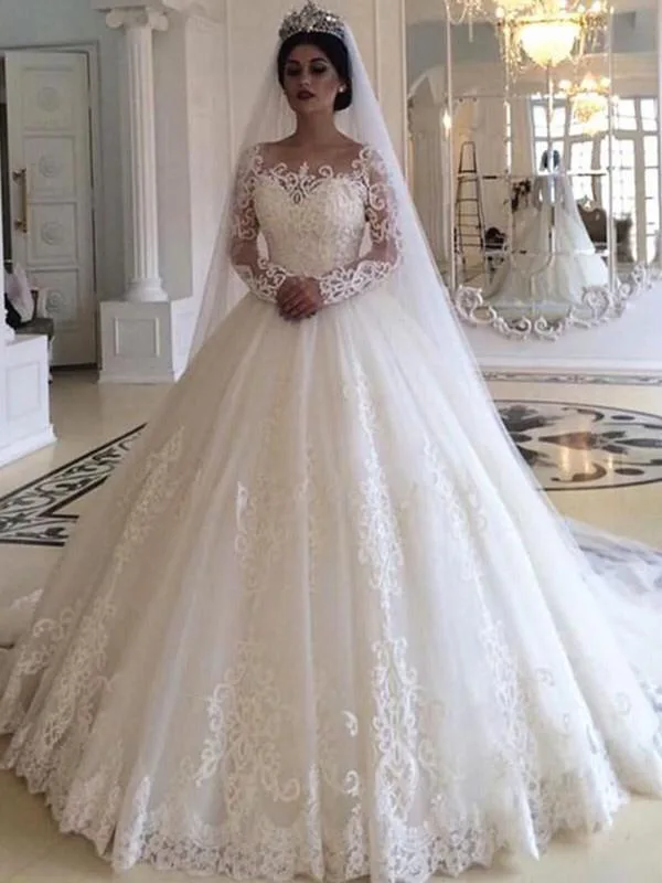 

Lace A Line Wedding Dress For Bride Appliques Long Sleeve Wedding Gowns Ivory White Tulle Bridal Dresses Floor Length Custom