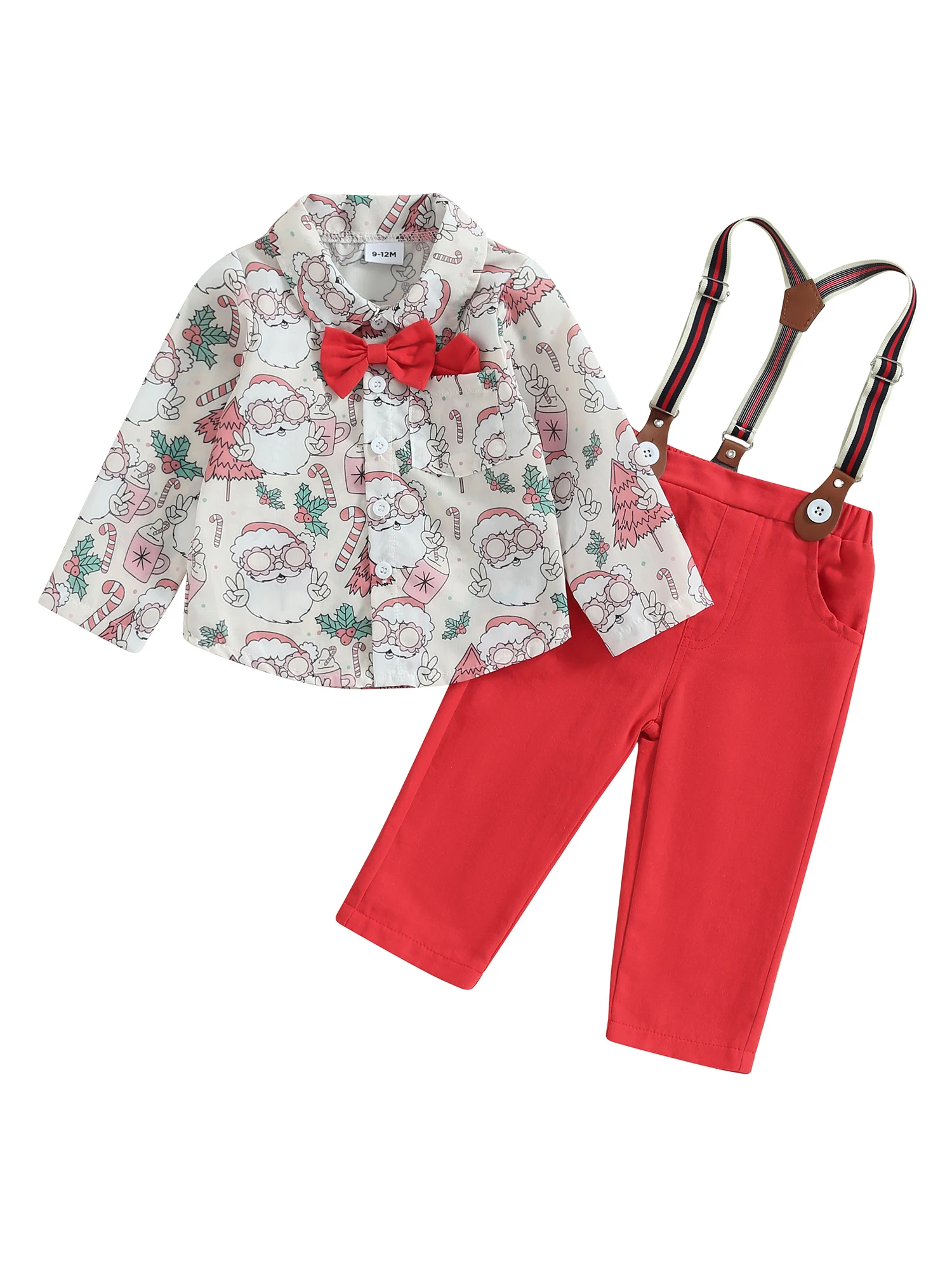 

Официальный костюм для мальчиков 0-24 мес. на Рождество, рубашка с длинным рукавом и принтом Санта, с галстуком-бабочкой + брюки на подтяжках, джентльменский комплект