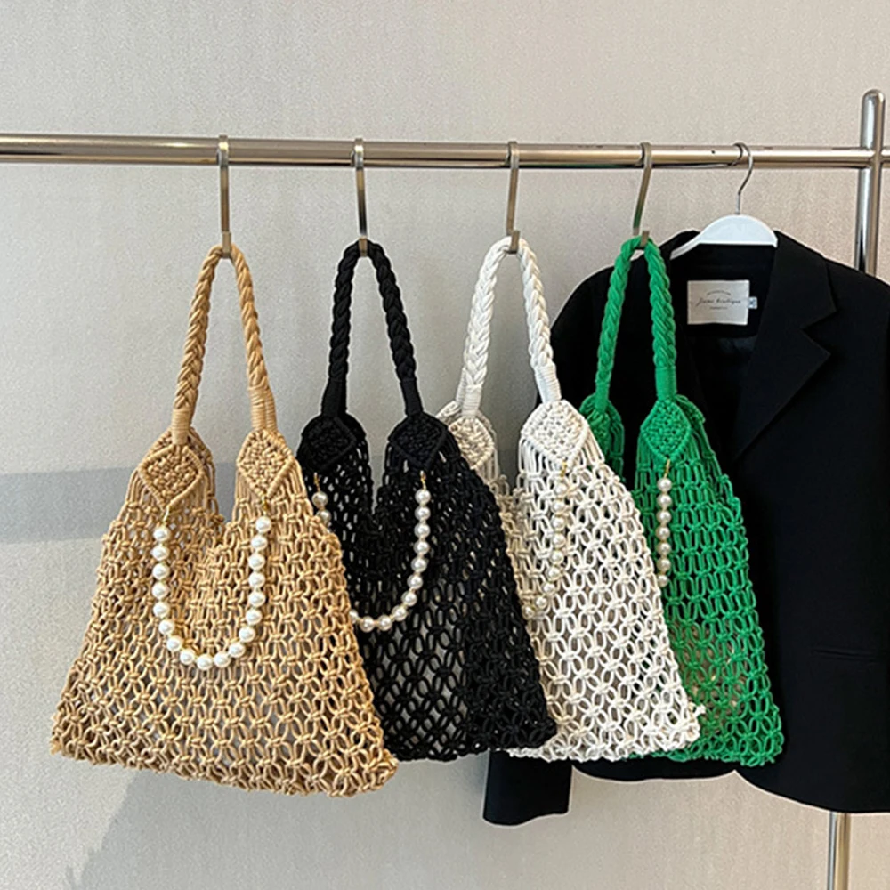 Pearls Beading Tote Hobo Hollow Woven Women Shoulder Bag Summer Crochet Handbags and Purses Designer Bags for Women Shopper Bag