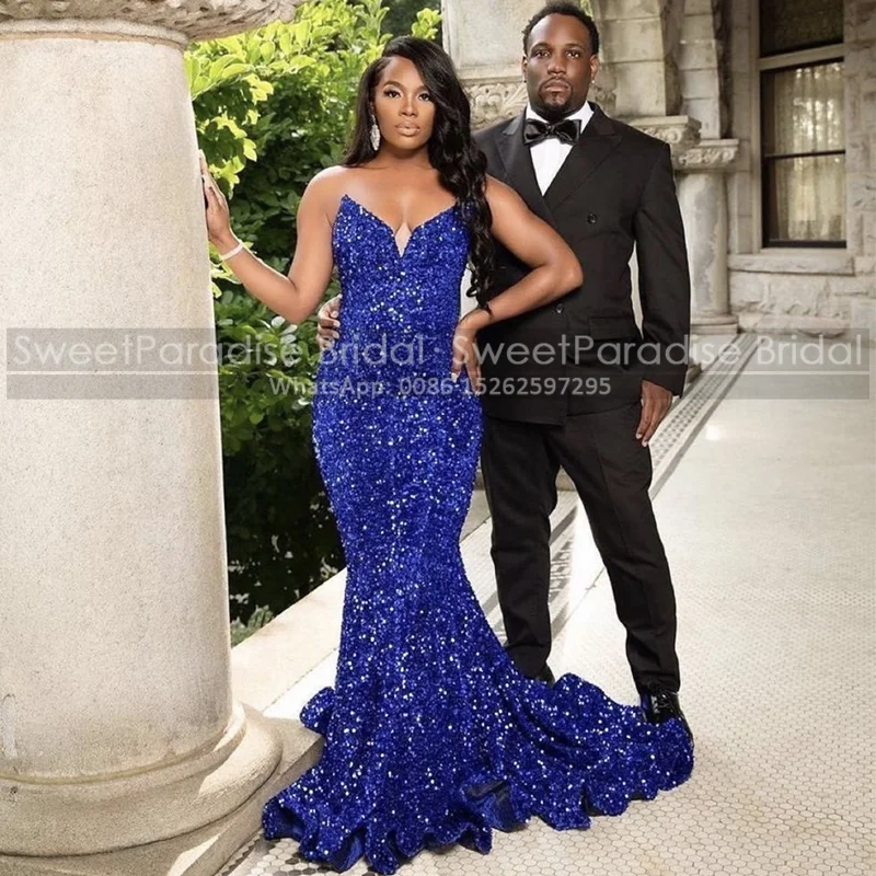 

Bling Sequined Mermaid Prom Dresses Long Royal Blue Sweetheart Neck Women Trumpet Celebrity Dress Evening Formal Gown