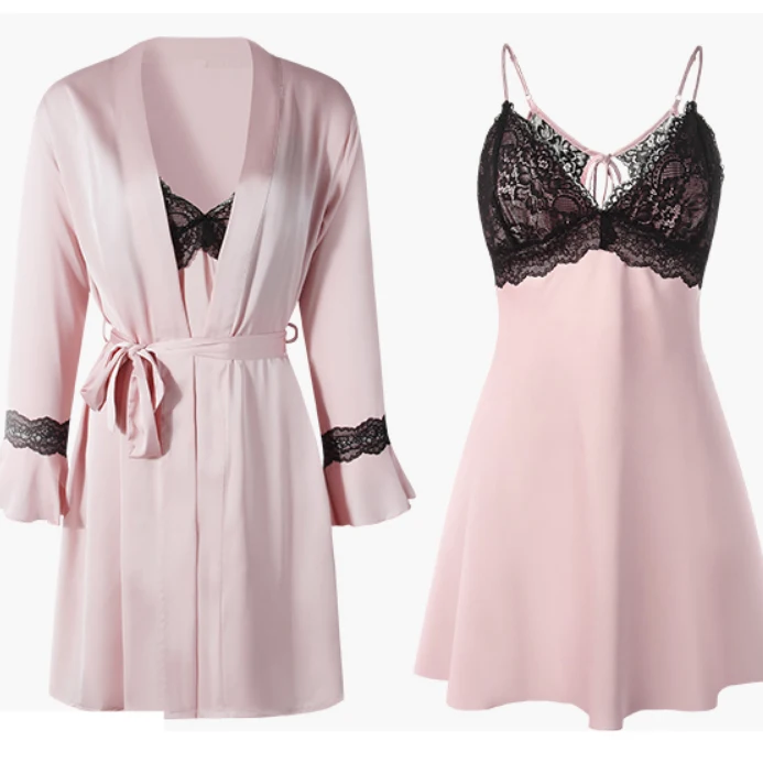 

Шелковистая атласная кружевная ночная рубашка, сексуальный комплект из двух предметов, ночная рубашка с открытой спиной, Летняя женская одежда для сна, Свободная Домашняя одежда