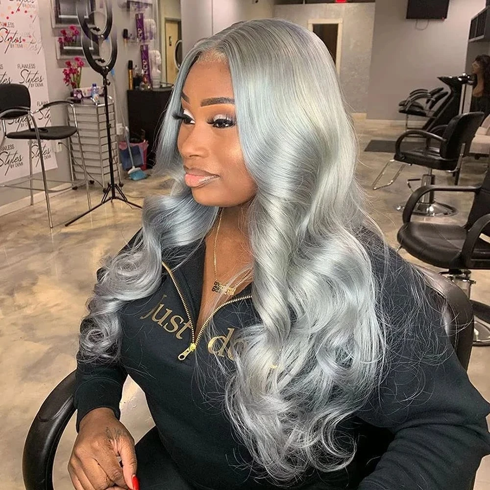 

Grey Body Wave Daily Wear Lace Front Synthetic Hair Wigs for Women 26Inches Middle Part Transparent Lace Wigs Cosplay Hair