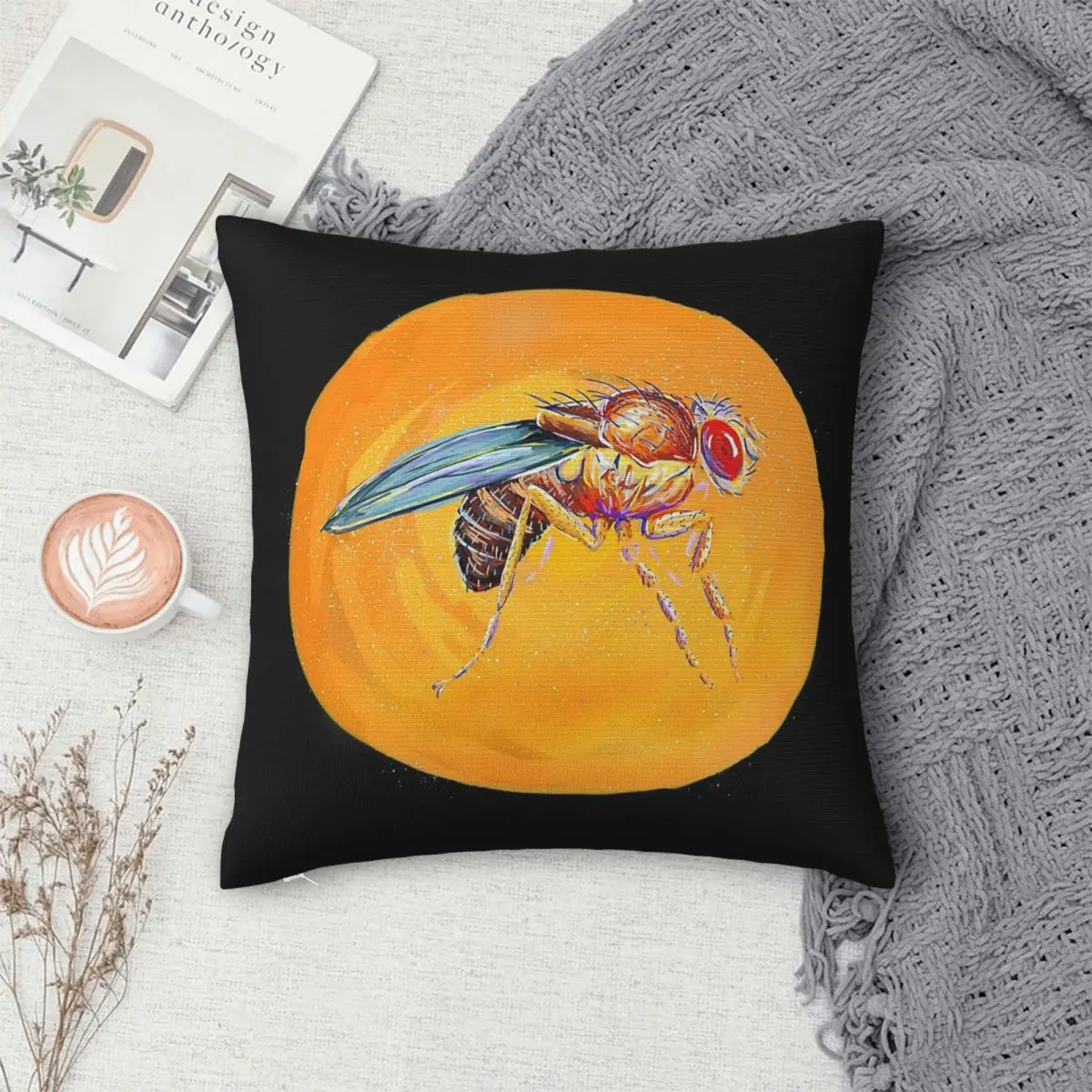 Фото Декоративная наволочка для подушки с рисунком фруктовой мухи (Drosophila Melanogaster), полиэстер, лен, бархат, для дома №4