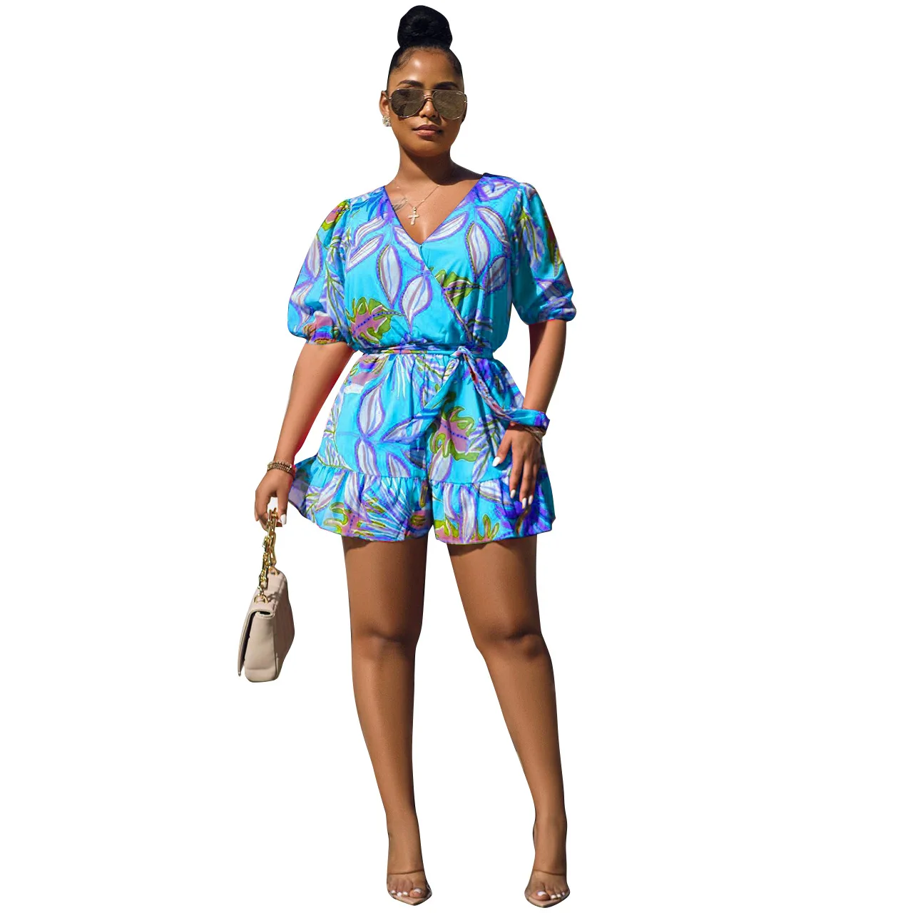 Boho Floral Printed Women Playsuits Loose Short Sleeve Lace Up V Neck Rompers 2022 Summer Holiday Workout Beachwear One Piece