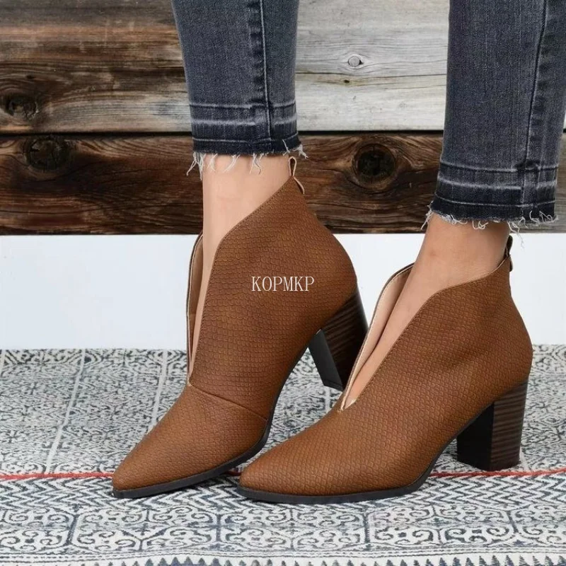 

Женские ботинки на высоком каблуке, ботильоны из искусственной кожи с острым носком, Размеры 35-43, для осени и зимы, 2023