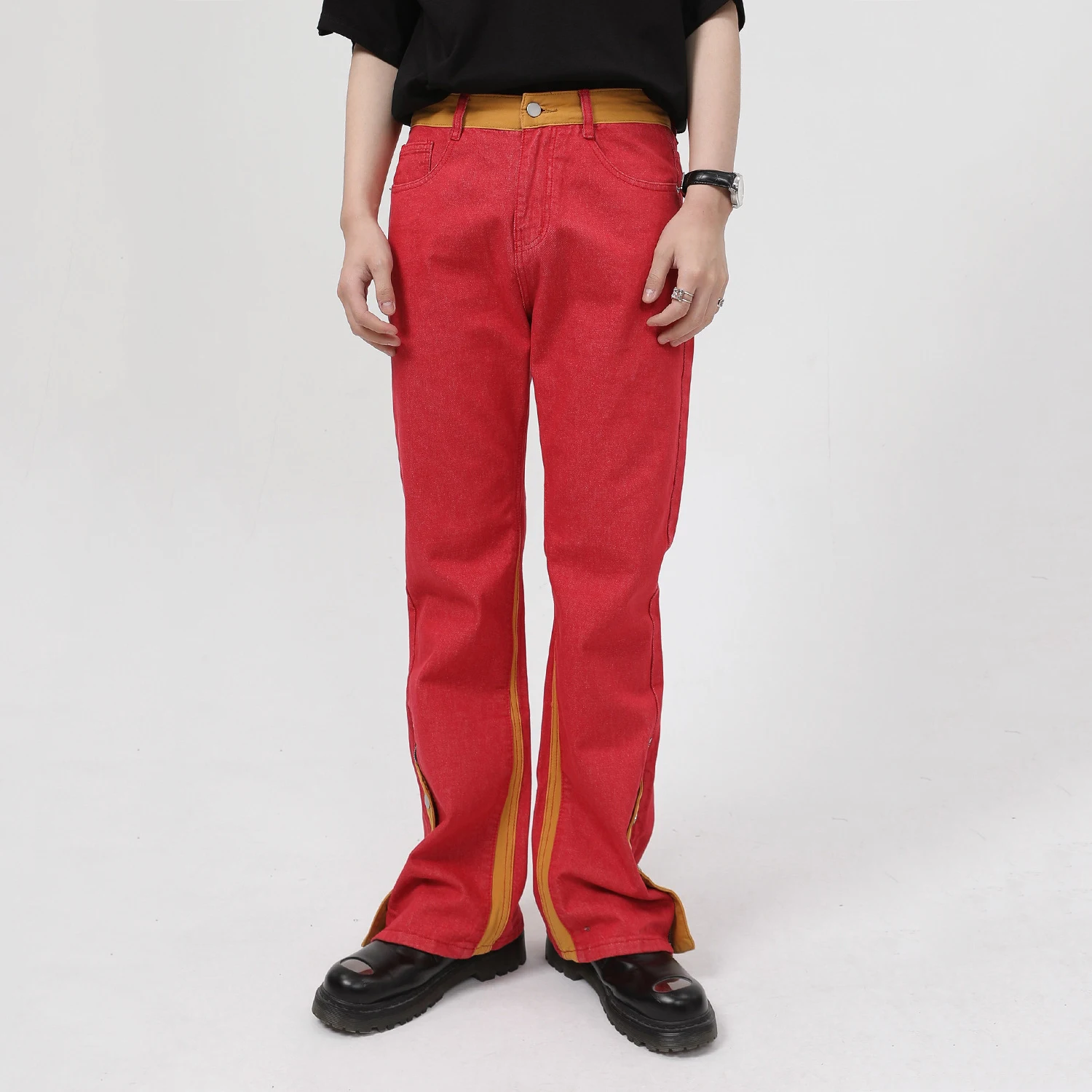 Four Seasons Men's Jeans Vibe Style High Street Trousers Buttoned Trousers Fashion Straight Leg Trend Panel Jeans Ins Hot Sale