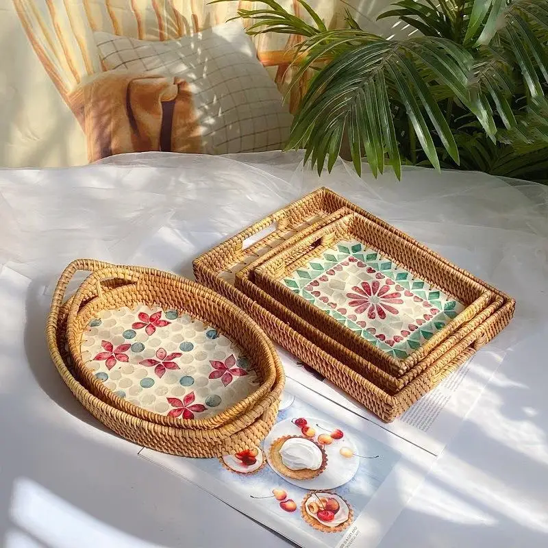 

Storage Baskets Shell Tray Hand Woven Natural Wicker Rattan Storage Box Home Decorate Living Room TV Fruit Tray Snack Organizer
