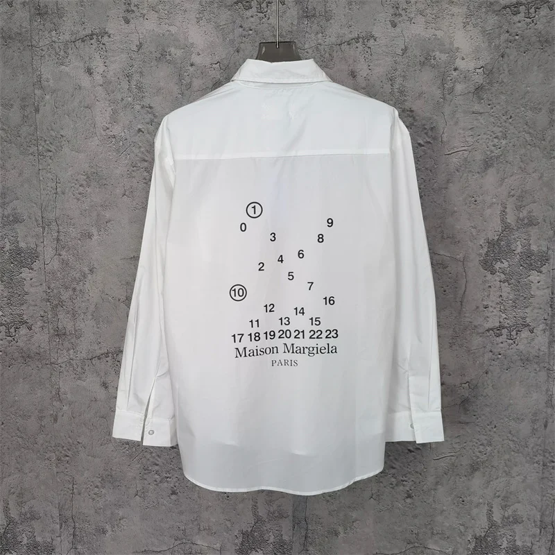

MM6 White Shirt Calendar Letter Small Logo Printed Square Neck Simple Long Sleeve Shirt For Men And Women