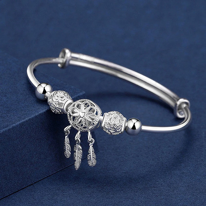 

925 Sterling Silver Adjustable Women's Dreamcatcher Round Bead Bracelet with Feather Tassel Elegant Jewelry
