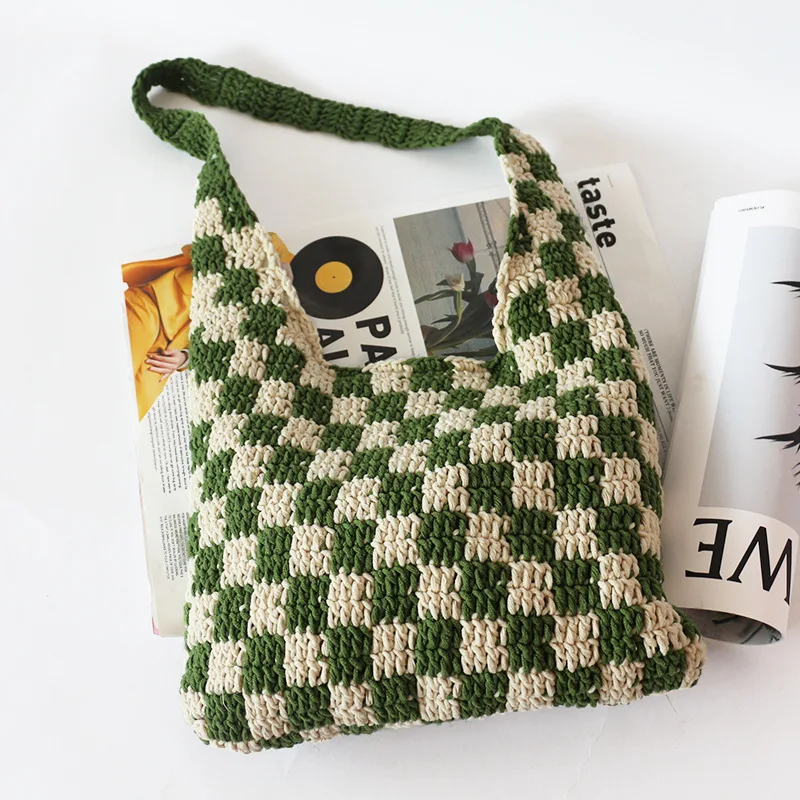 

Literary style wool knitting bag women's one shoulder knitting bag green diamond lattice bag leisure bag