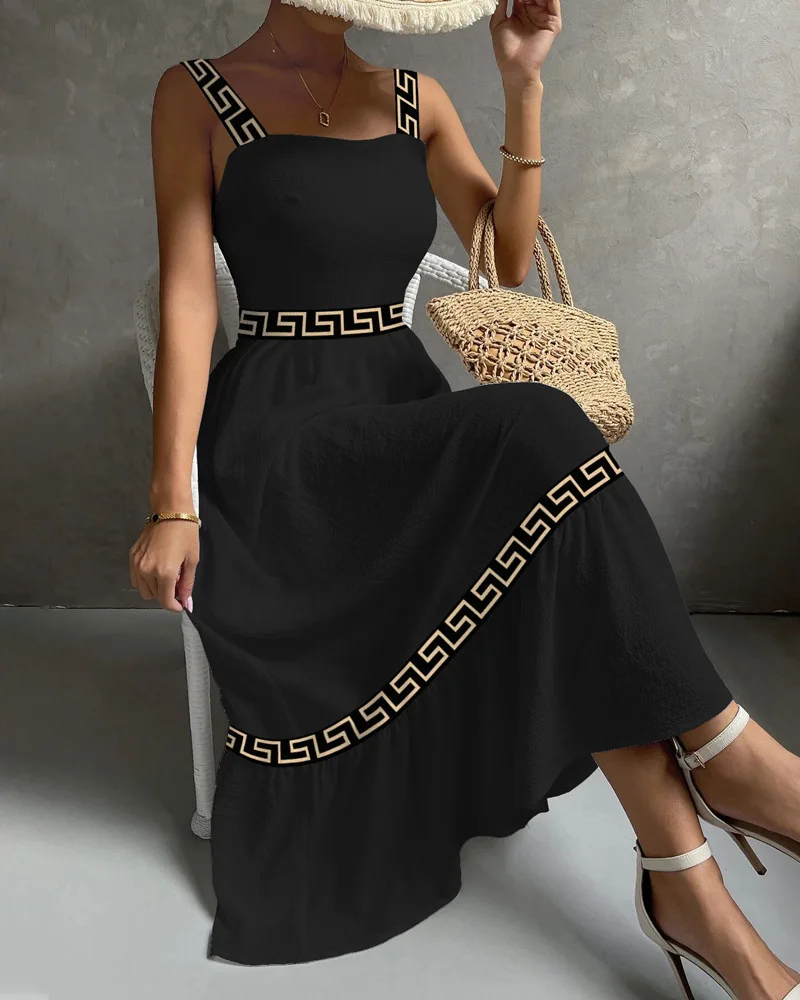 

Geometric Print Patchwork Sleeveless Maxi Dress Women Summer Spring High Waist Long Maxi Loose Dress