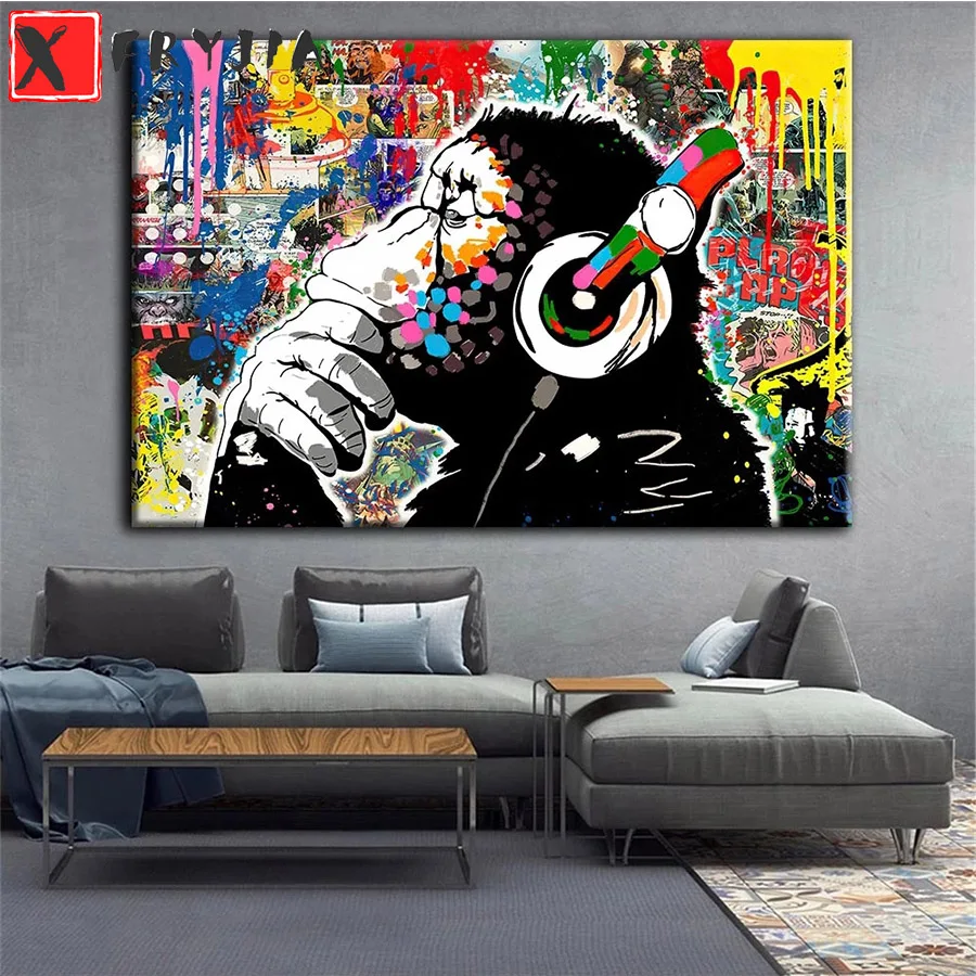 

Diamond Painting Colorful doodle animal orangutan listening to music 5d Cross Stitch Diamond Embroidery Mosaic Gift Home Decor