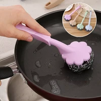 1pc long handle stainless steel cleaning brush replaceable wire ball brush pan dish tile sink kitchen bathroom cleaning tools