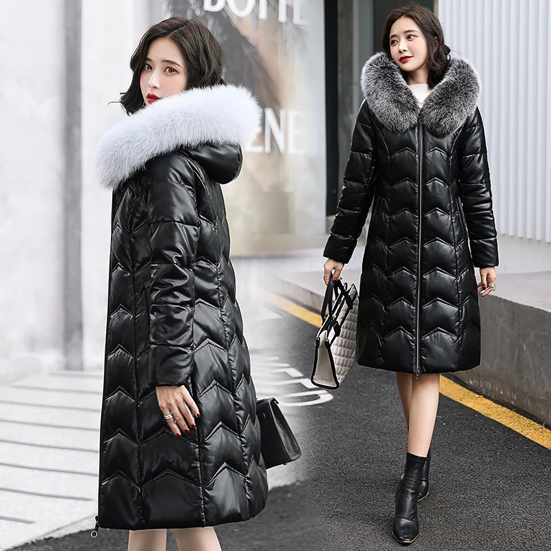 

100% genuine real Haining leather thickened large wear medium long down jacket women's thin fox fur collar sheep skin coat