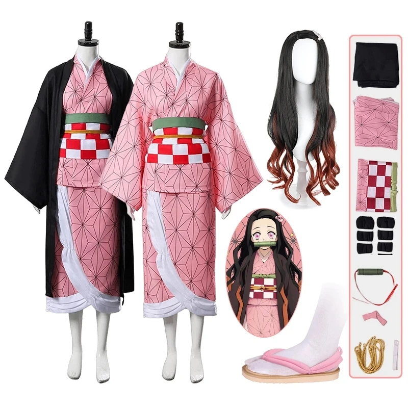 Anime Kamado Nezuko Cosplay Demon Slayer Kimetsu No Yaiba Costumes Kimono Haori Clogs Suit for Adult. Kids Halloween