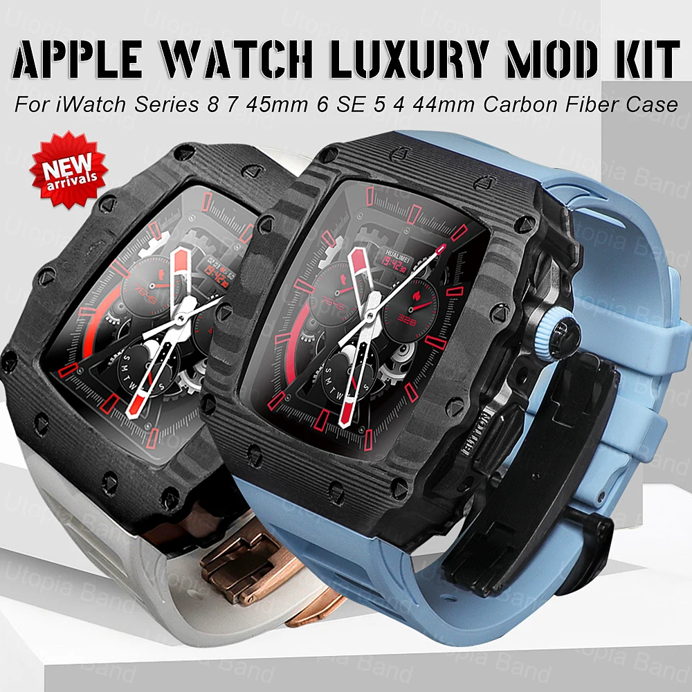 

Luxury Carbon Fiber Modification Kit For Apple Watch 8 7 6 5 4 SE Fluororubber Sports Band For iWatch Series 45MM 44MM Refit Mod