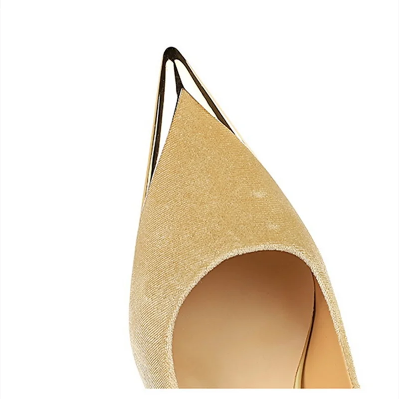 Women Corduroy High Quality Metal Toe Pumps Long Mouth Null Shoes 7cm Med Gold Thin Heels Beige Wine Zapatos De Mujer 34-40 25cm