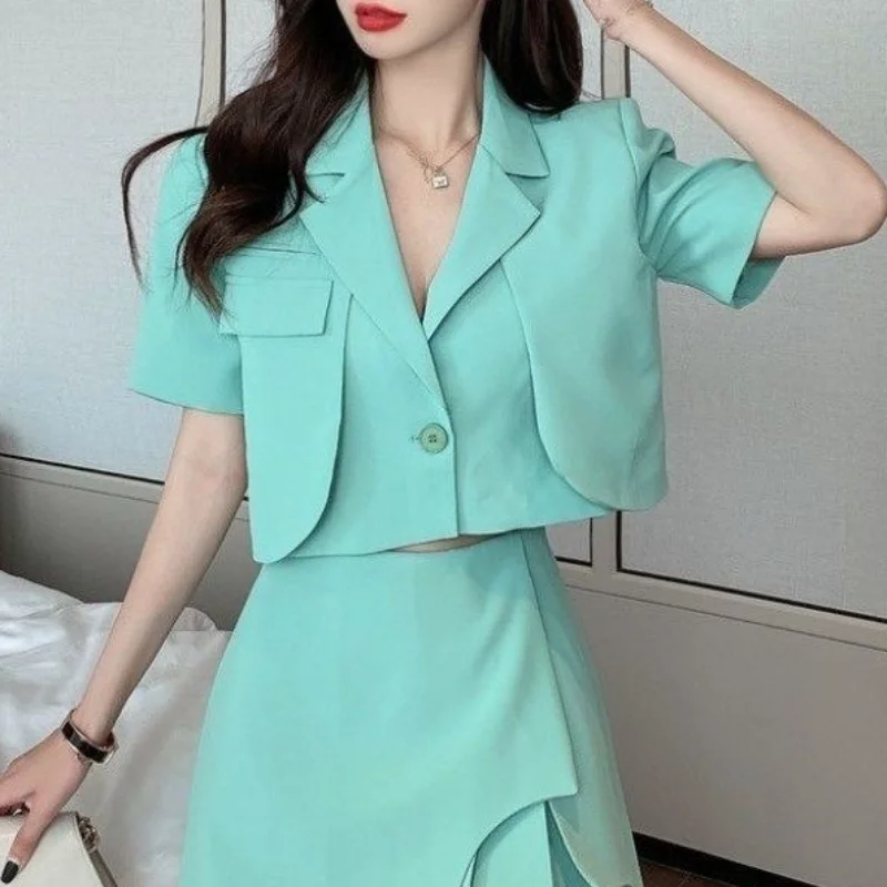 Short Sleeve Sexy Womens Sets Outfit 2023 Suit with Skirt and Blazer Summer Two Piece Set for Women Chic Elegant Korean Style Xs