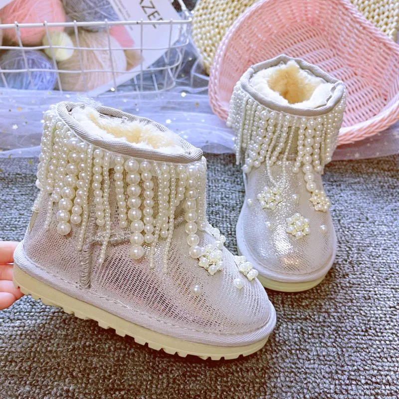 Зимние ботинки с белым жемчугом и бахромой для девочек 2023 роскошная теплая