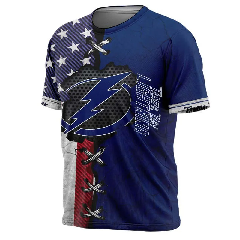 

Tampa Bay Fashion Casual Men Lightning t-shirt Blue Lightning American Flag Print Cool Tops