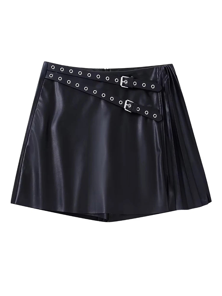 

Evfer Womens Fashion Pleated Black Skirts With Belt Girls High Waist High Waist Faux Leather Skirt Female Autumn New Pu Skirt