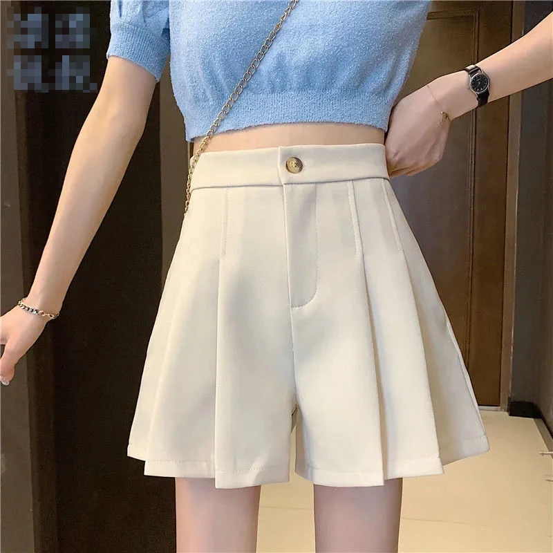 

Elegant Women Solid Suits Shorts 2022 Spring Summer New Fashion Loose Elastic Waist Female Wide Leg Pleated Shorts Femme E108