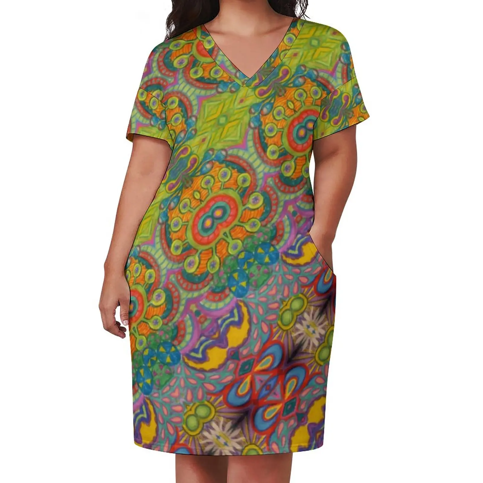

Retro 60s Print Dress V Neck Funky Bohemian Pattern Street Wear Dresses Holiday Vintage Casual Dress Women Plus Size Clothing
