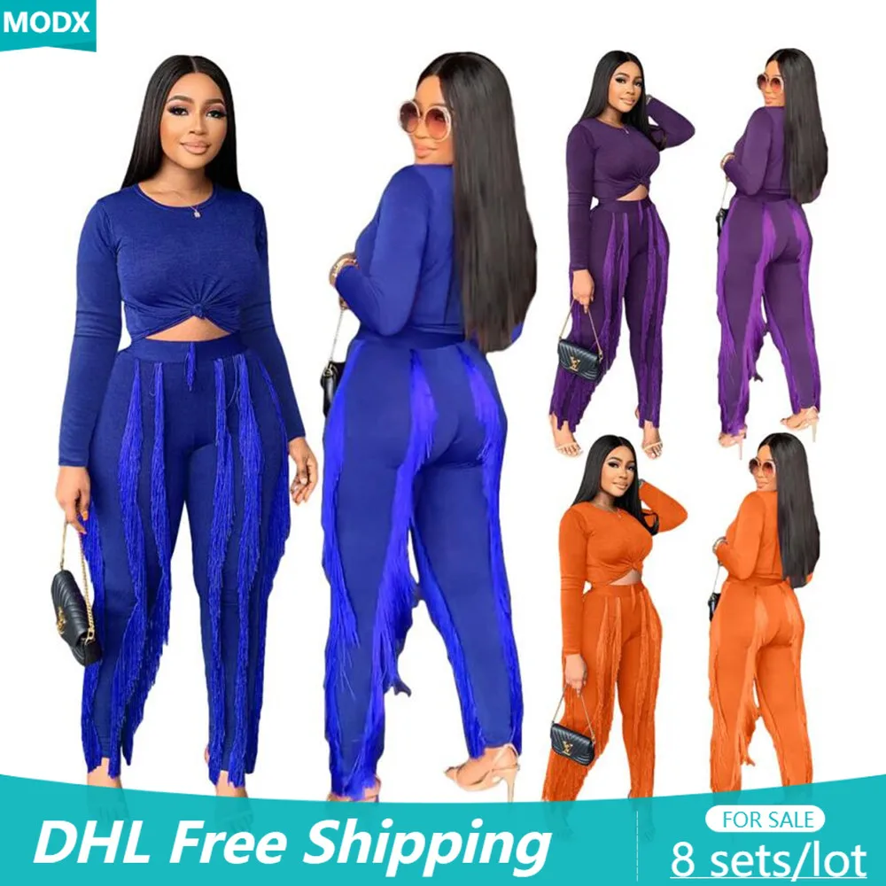 

Wholesale Women Tracksuit Casual Long Sleeve Jogger Suit 2022 Fall Winter 2 Piece Set Tassel Outdoor Outfit Pullover+ Pants 8171