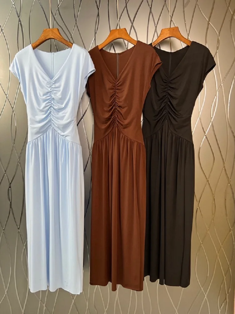 New 2022 Summer Long Dress High Quality Ladies V-Neck Pleated Deco Short Sleeve Casual Long Blue Coffee Black Dress Vestidos