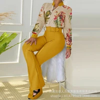 leaf print buttoned shirt high waist pants set 2022 autumn women casual two piece work wear fashion suit sets long sleeve