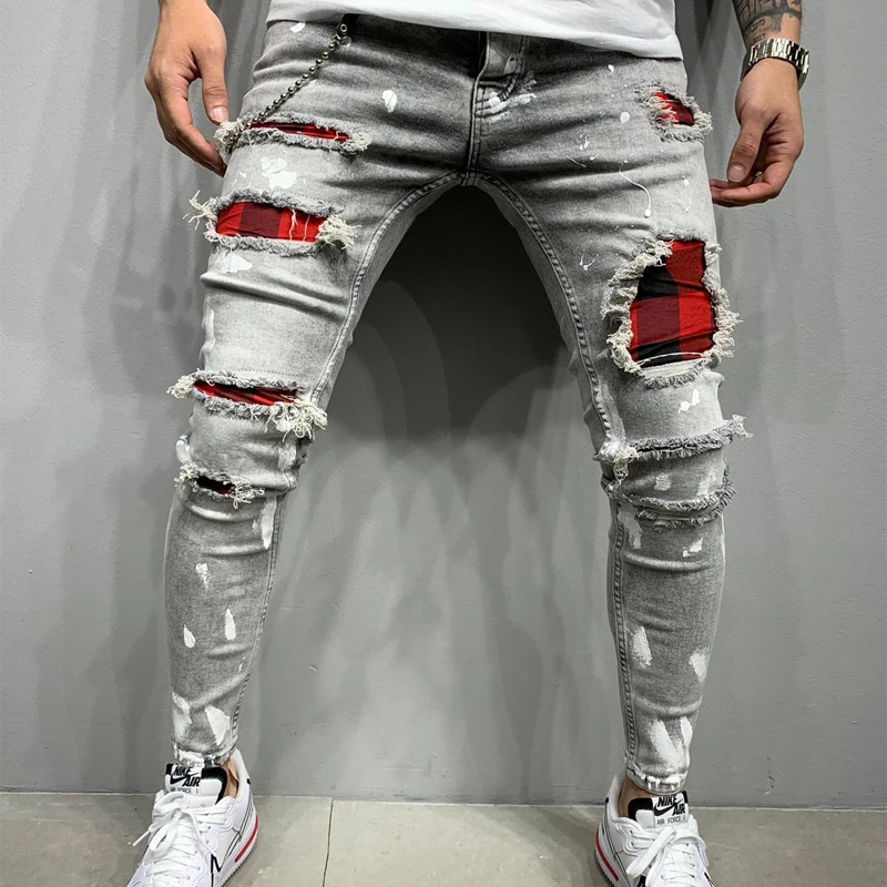 Men Pure Color Grid Jeans Gray Patchwork Grid Jeans Men Designer Hip Hop Pants Slim Fit Elastic Hip-hop Style Pencil Pants