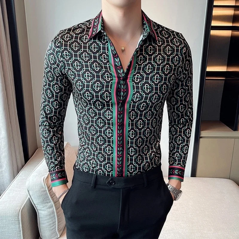 

Luxury Mens Shirts Dress Fashion Striped Printed Long Sleeve Chemise Homme De Luxe British Style Slim Fit Social Blouse Men 4XL