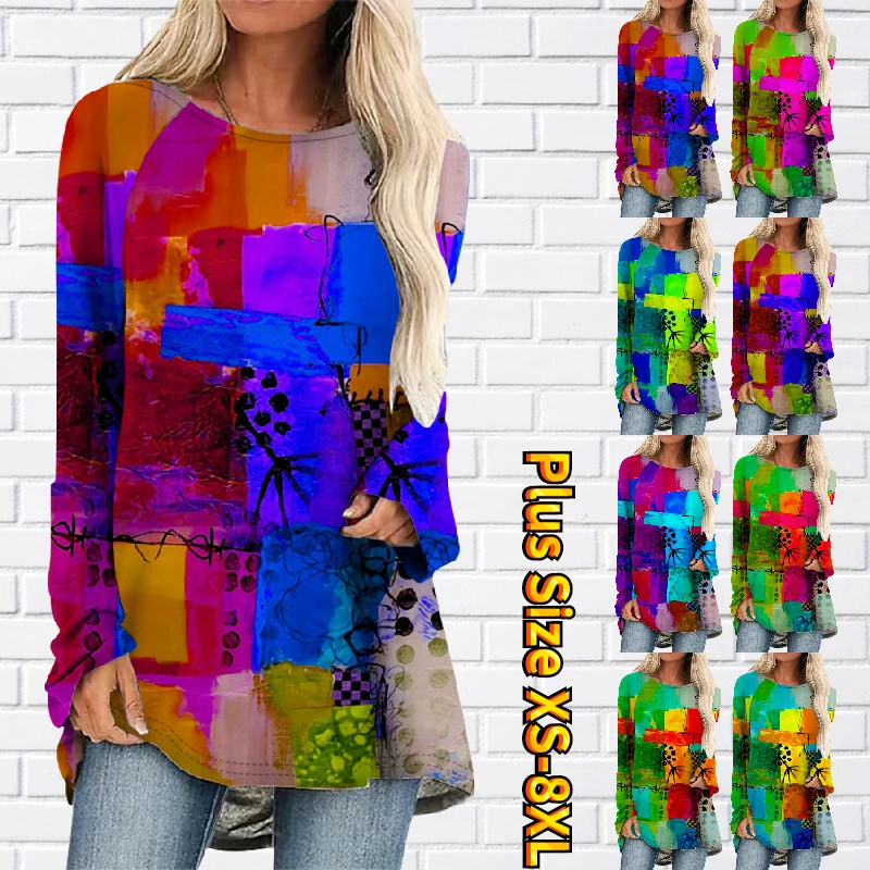 

2022 Autumn Winter Round Neck Long Sleeve Elegant Loose Size Pullover Tee Shirt New Women's Retro T-shirt New Design Print Top