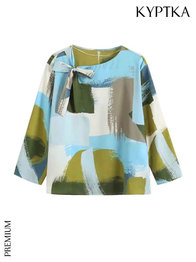 

KYPTKA Women Fashion With Bow Tied Printed Blouses Vintage O Neck Three Quarter Sleeve Female Shirts Blusas Chic Tops