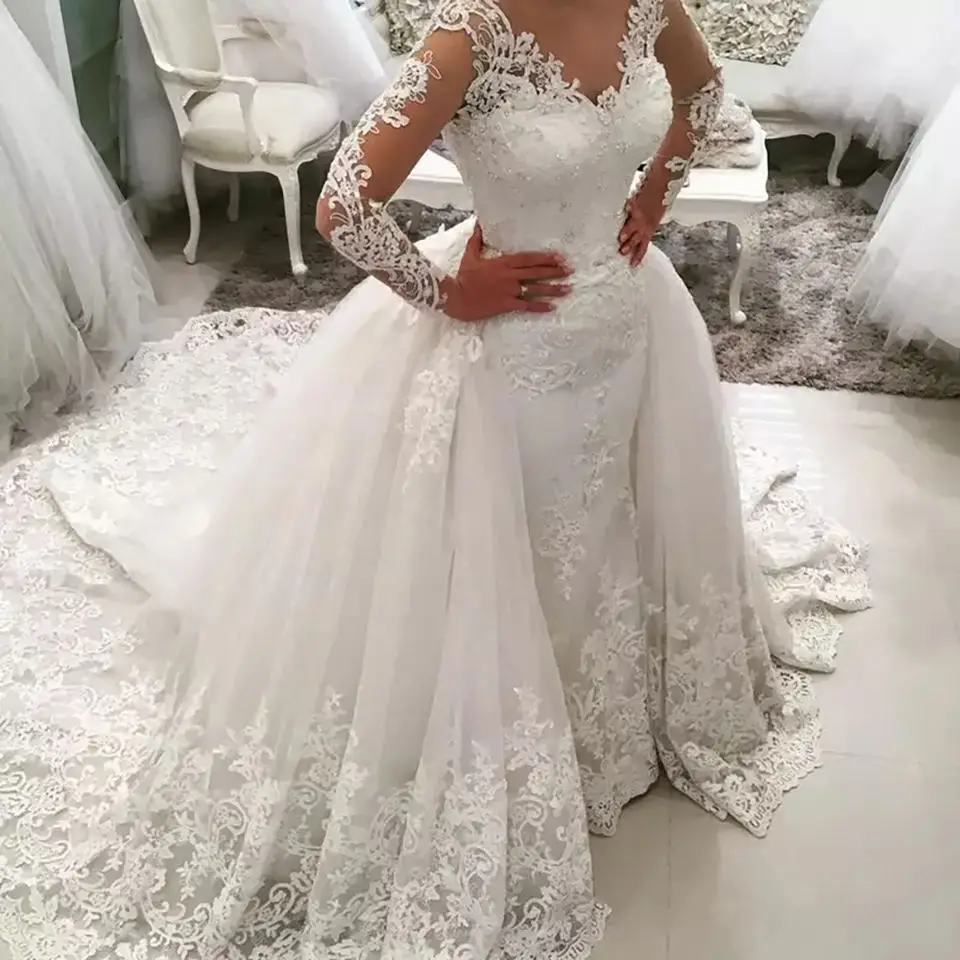 

New Design V Neck Mermaid Wedding Dress with Detachable Train Chapel Train Long Sleeve Lace Appliques Bridal Wedding Gowns