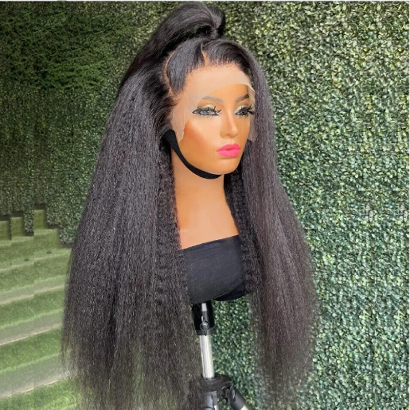 

Natural Black Glueless Soft Yaki 26 Inch Kinky Straight Lace Front Wig For Women Babyhair Long Natural Hairline Daily Preplucked