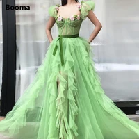 booma green sweetheart a line maxi prom dresses short sleeves flowers ruffles high slit tulle prom gowns formal party dresses